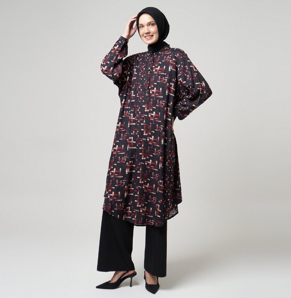 Dhoby Ghout Tunik Panjang Premium Wanita Hitam Maroon Muslim Modern All Size Tunik Kancing Depan - Wanda