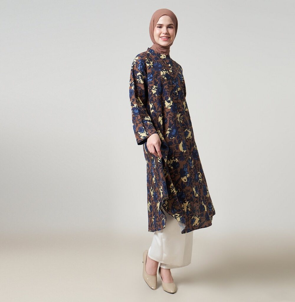 Dhoby Ghout Tunik Panjang Premium Wanita Coklat Biru Muslim Modern All Size Kancing Depan - Erita