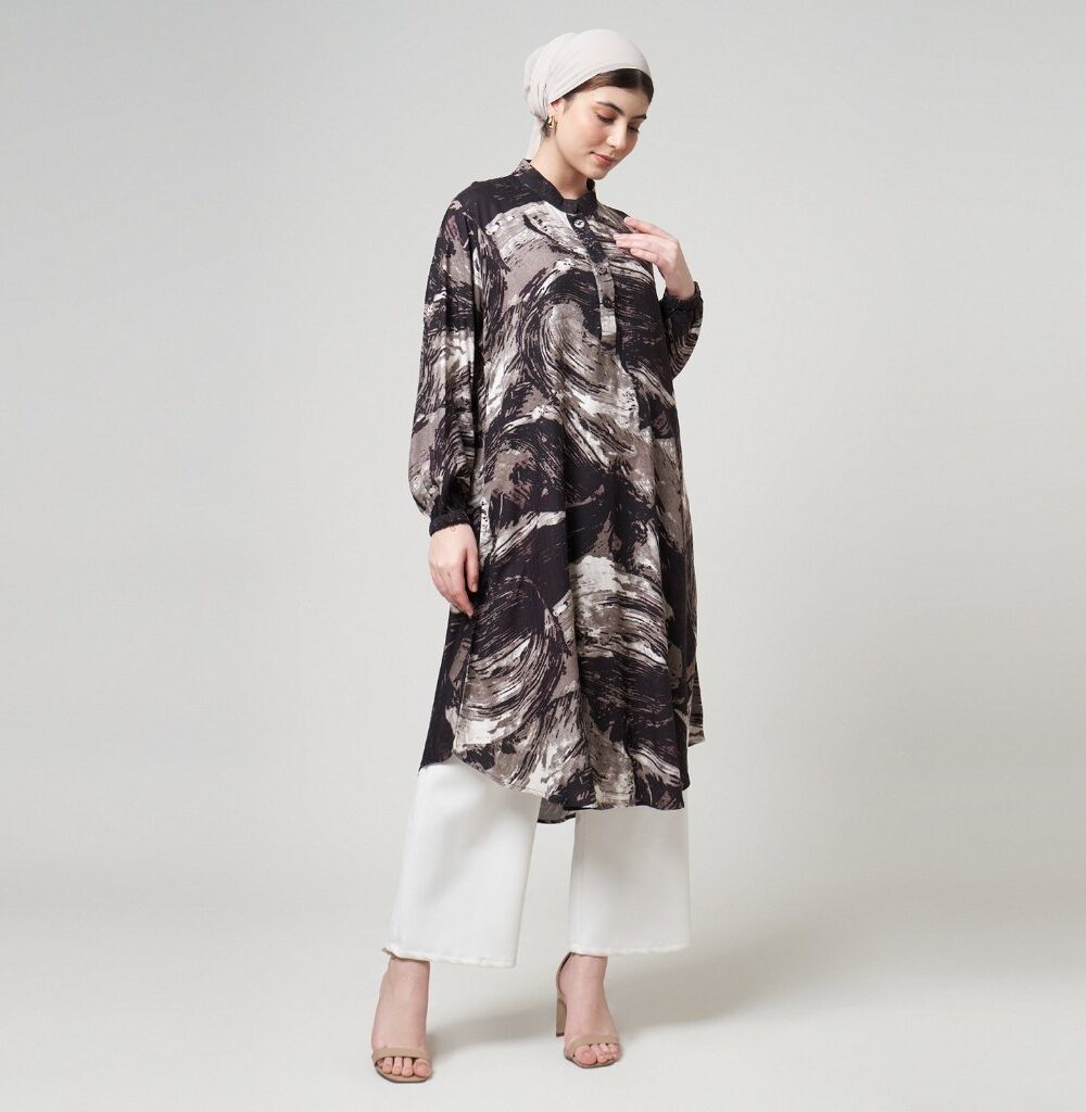 Dhoby Ghout Tunik Panjang Premium Wanita Hitam Putih Muslim Modern All Size Kancing Depan - Aqula
