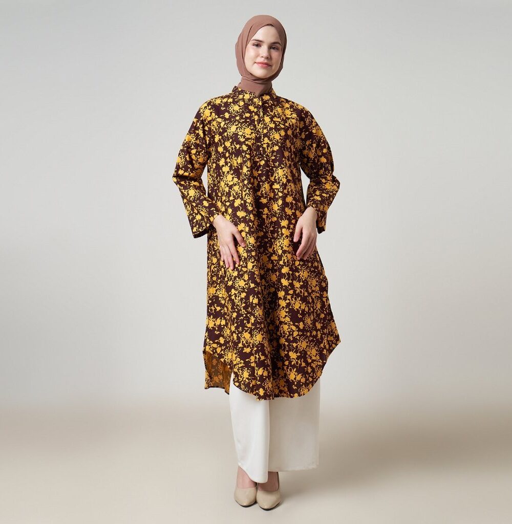 Dhoby Ghout Tunik Panjang Premium Wanita Coklat Kuning Muslim Modern All Size Kancing Depan - Eugenia