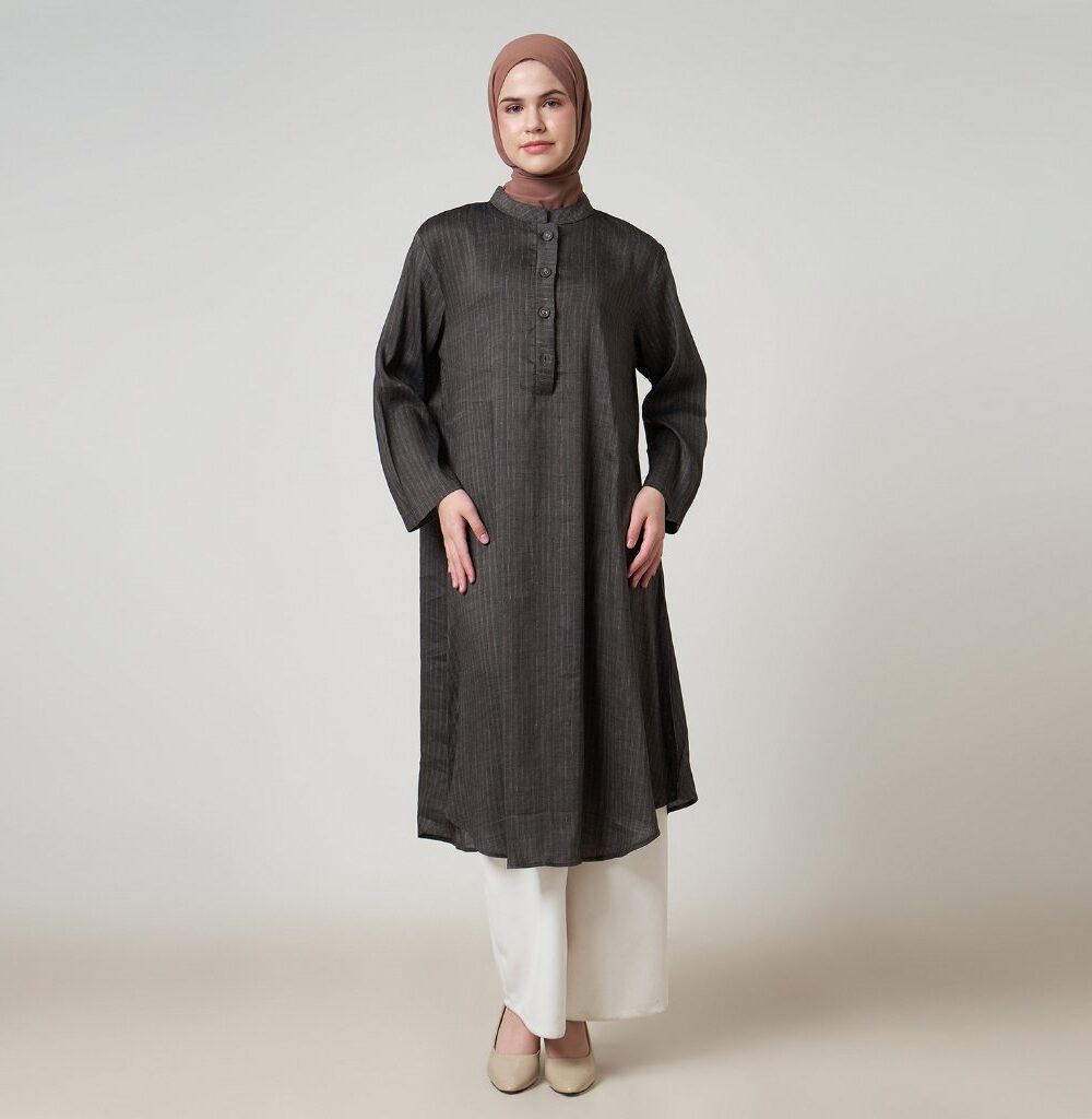 Dhoby Ghout Tunik Panjang Premium Wanita Hitam Muslim Modern All Size Kancing Depan - Evanu