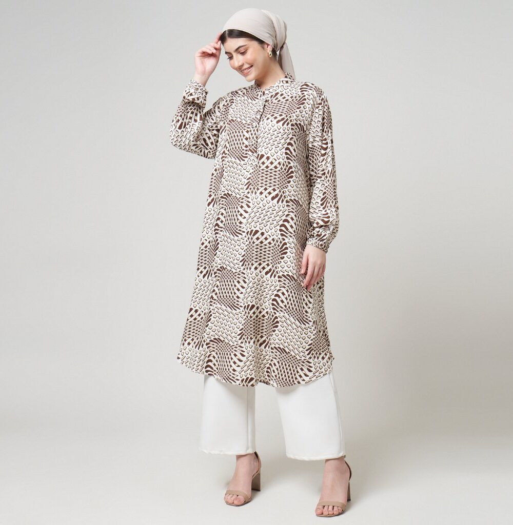 Dhoby Ghout Tunik Panjang Premium Wanita Coklat Putih Muslim Modern All Size Kancing Depan - Caora