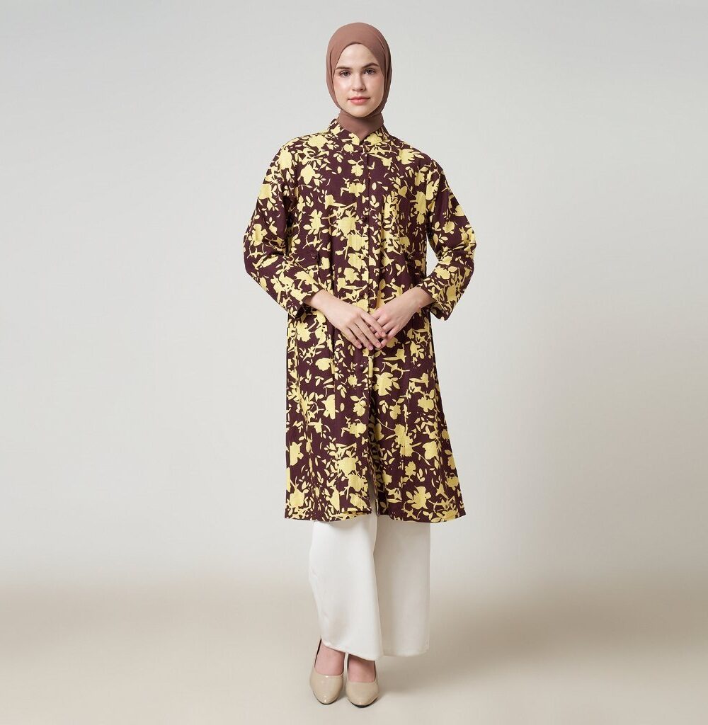 Dhoby Ghout Tunik Panjang Premium Wanita Coklat Kuning Muslim Modern All Size Kancing Depan - Erixa