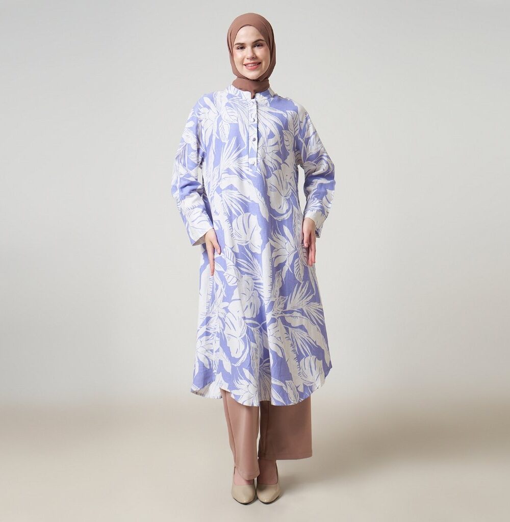 Dhoby Ghout Tunik Panjang Premium Wanita Putih Biru Muslim Modern All Size Kancing Depan - Erin