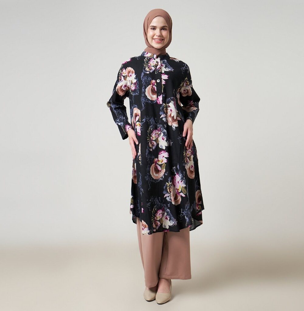 Dhoby Ghout Tunik Panjang Premium Wanita Hitam Putih Muslim Modern All Size Kancing Depan - Erima