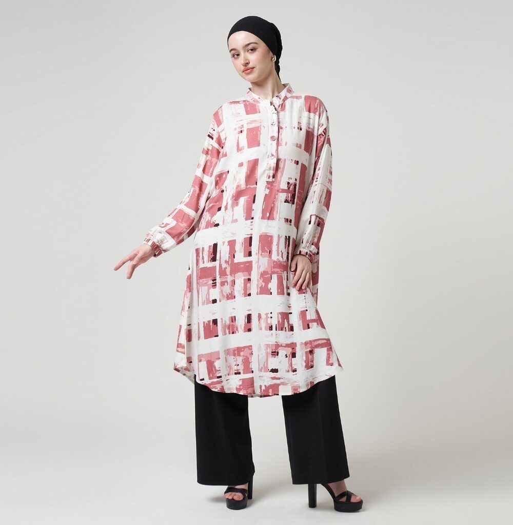 Dhoby Ghout Tunik Panjang Premium Wanita Pink Putih Muslim Modern All Size Kancing Depan - Khalilah