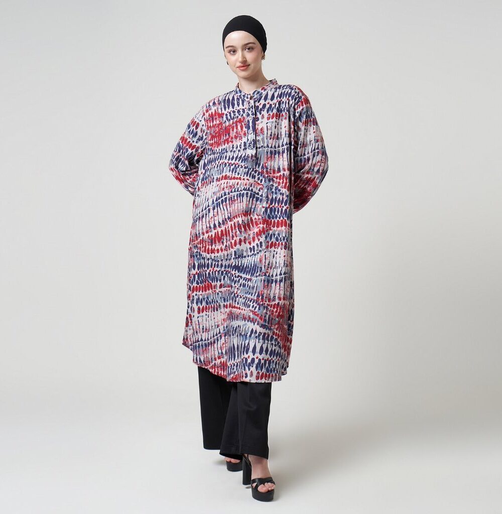 Dhoby Ghout Tunik Panjang Premium Wanita Biru Merah Muslim Modern All Size Kancing Depan - Husni