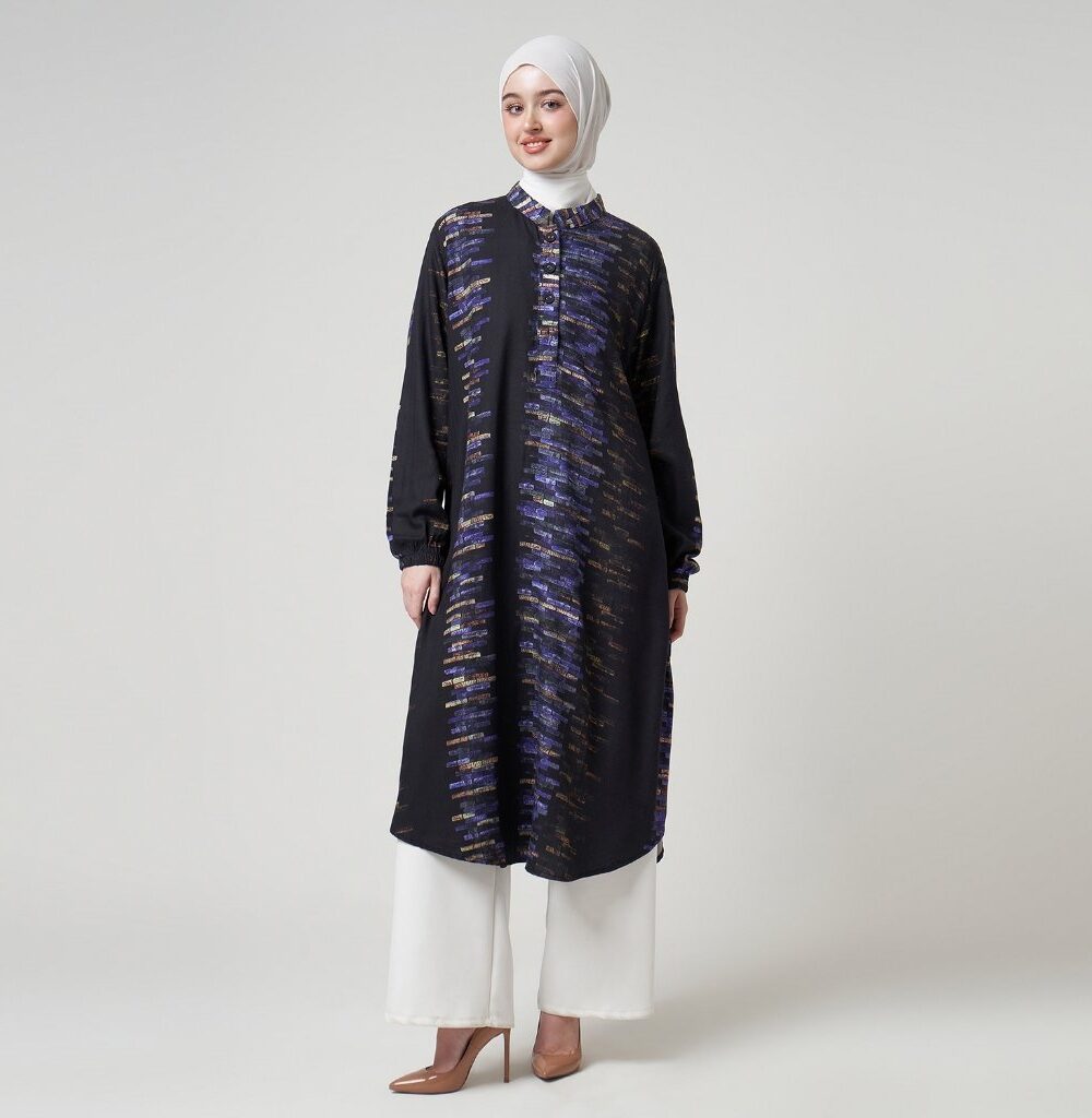 Dhoby Ghout Tunik Panjang Premium Wanita Hitam Muslim Modern All Size Kancing Depan - Salka