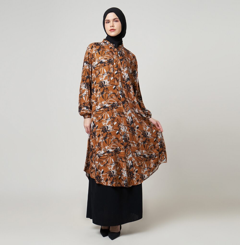 Dhoby Ghout Tunik Panjang Premium Wanita Coklat Muslim Modern All Size Kancing Depan - Isabel