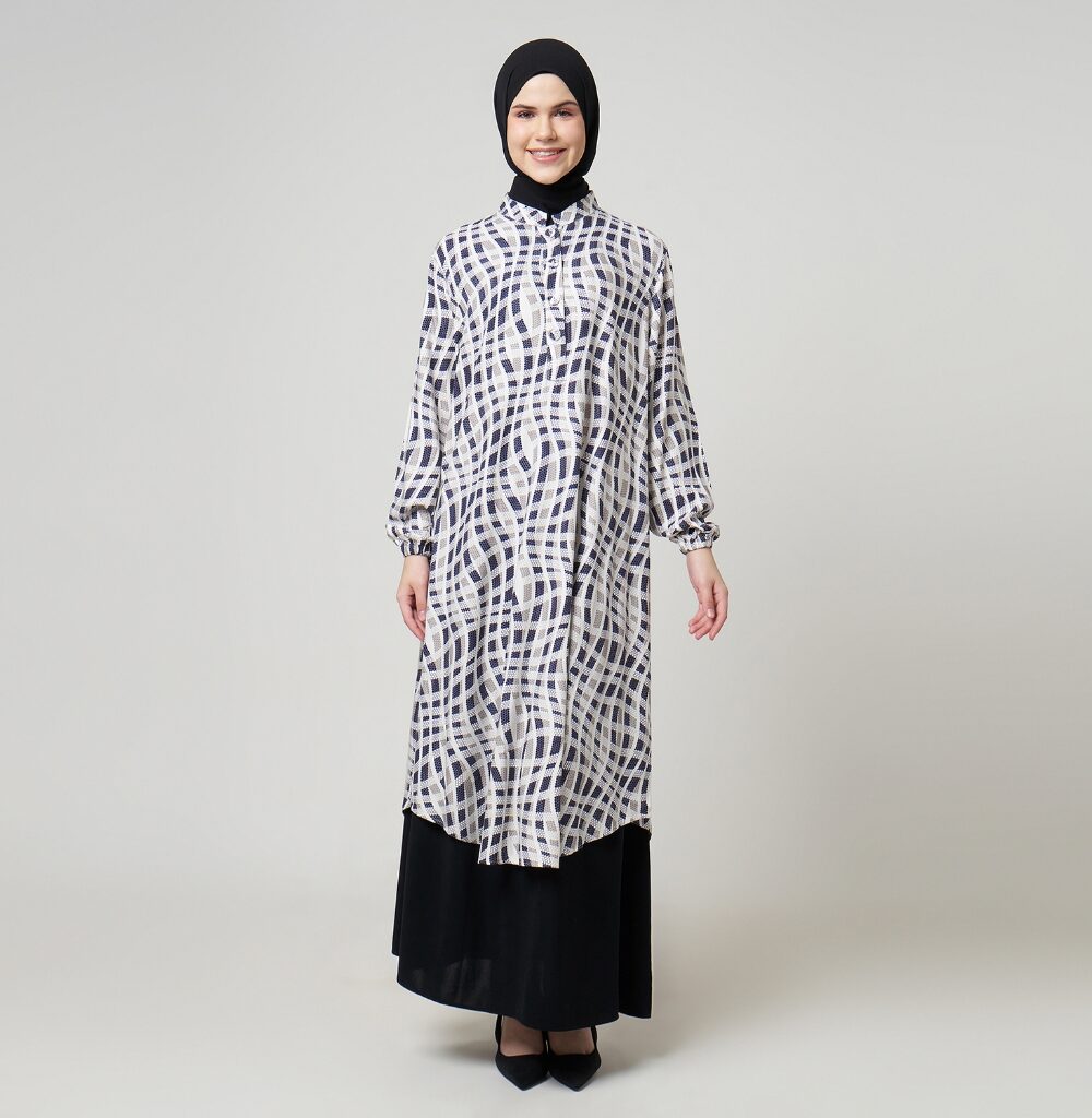 Dhoby Ghout Tunik Panjang Premium Wanita Hitam Putih Muslim Modern All Size Kancing Depan - Indira