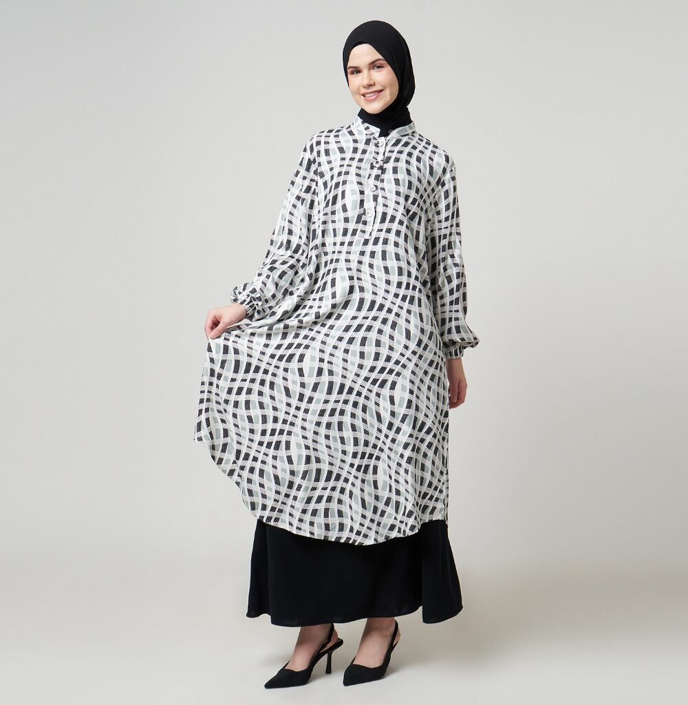 Dhoby Ghout Tunik Panjang Premium Wanita Hitam Putih Muslim Modern All Size Kancing Depan - Isti
