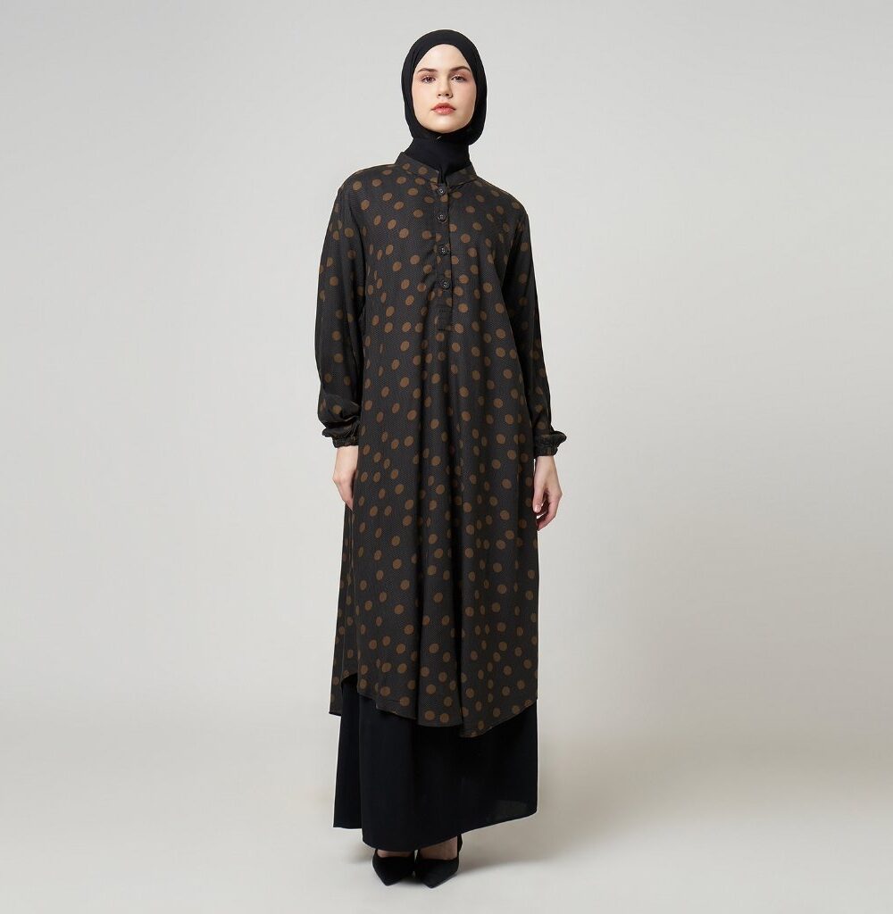 Dhoby Ghout Tunik Panjang Premium Wanita Hitam Muslim Modern All Size Kancing Depan - Fathika
