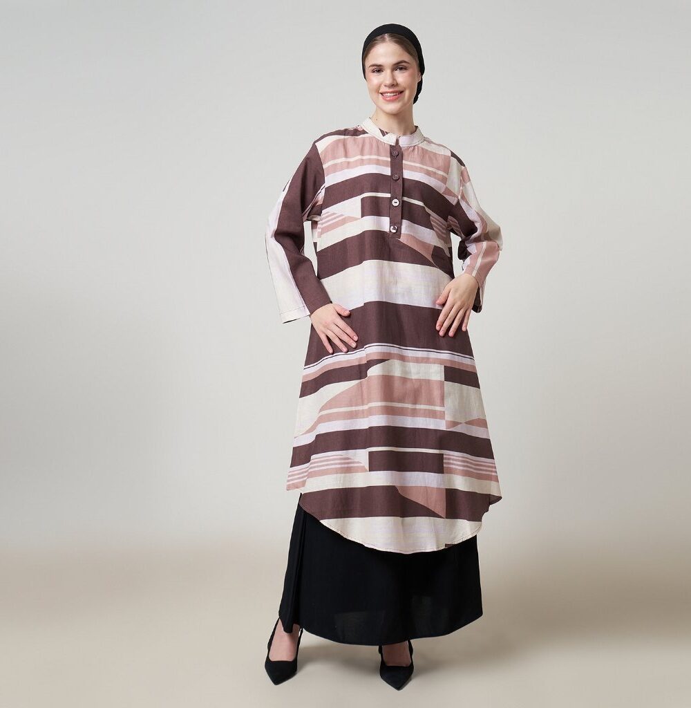 Dhoby Ghout Tunik Panjang Premium Wanita Coklat Muslim Modern All Size Kancing Depan - Eiroru