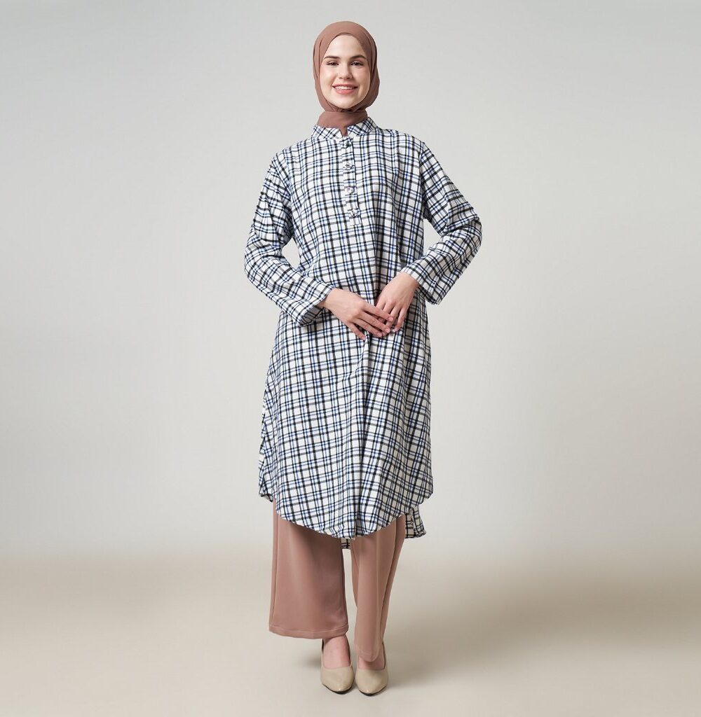 Dhoby Ghout Tunik Panjang Premium Wanita Putih Biru Muslim Modern All Size Kancing Depan - Erija