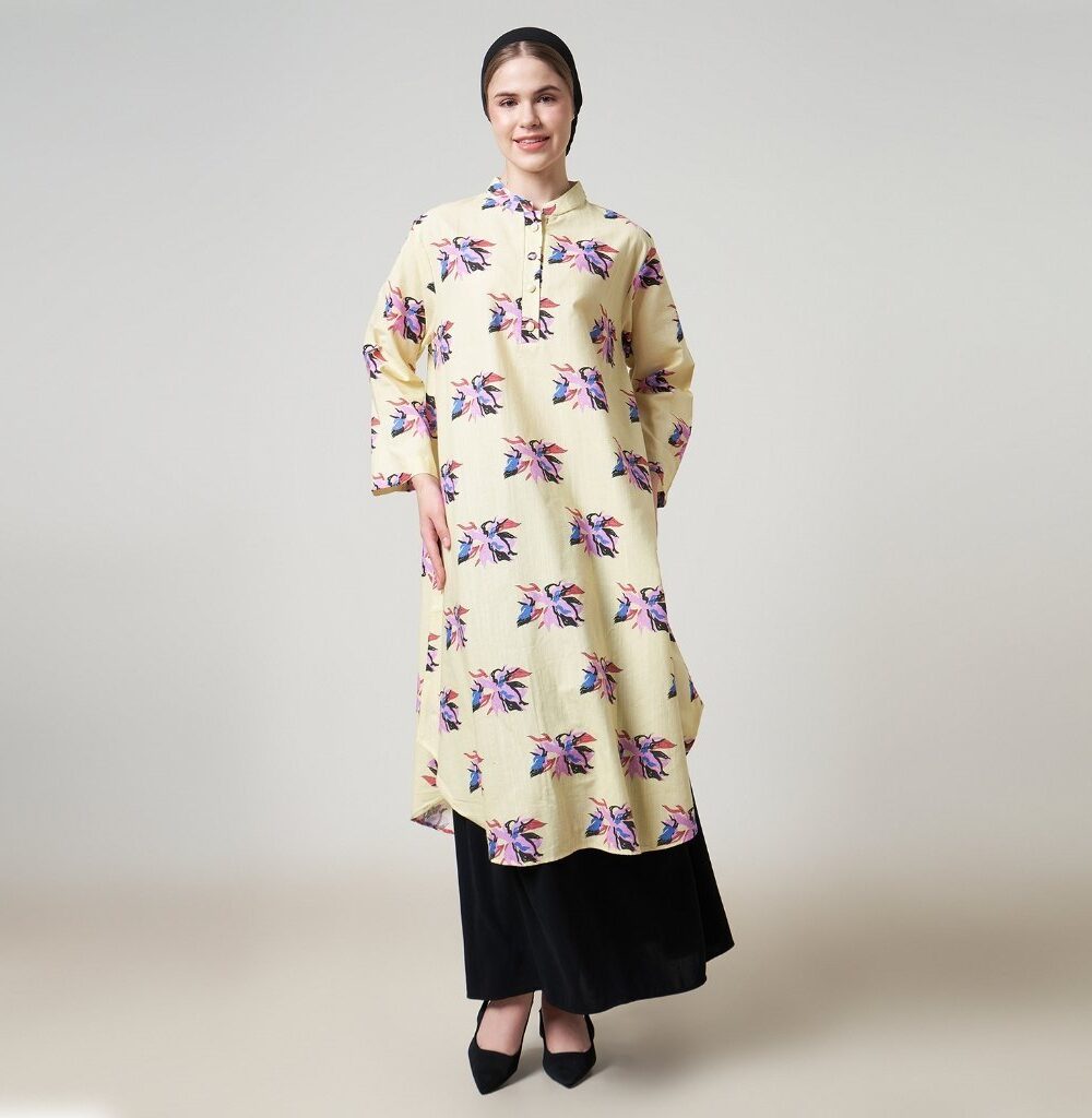 Dhoby Ghout Tunik Panjang Premium Wanita Cream Muslim Modern All Size Kancing Depan - Eliana
