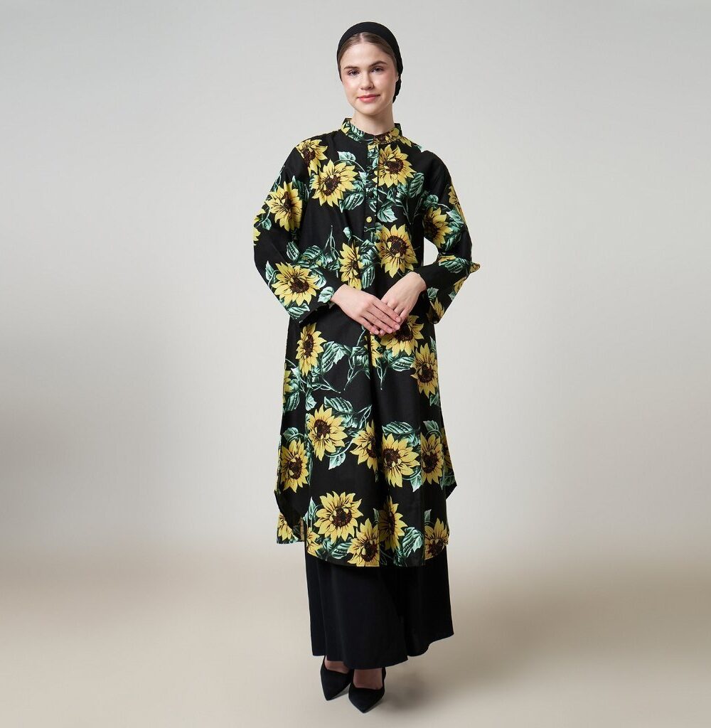Dhoby Ghout Tunik Panjang Premium Wanita Hitam Kuning Muslim Modern All Size Kancing Depan - Eleanor
