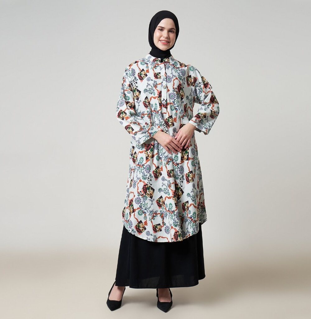 Dhoby Ghout Tunik Panjang Premium Wanita Putih Muslim Modern All Size Kancing Depan - Emilia