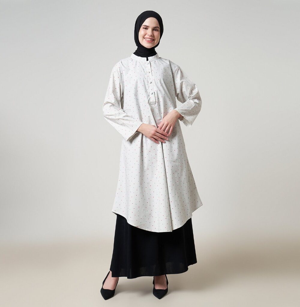 Dhoby Ghout Tunik Panjang Premium Wanita Cream Muslim Modern All Size Kancing Depan - Elsie