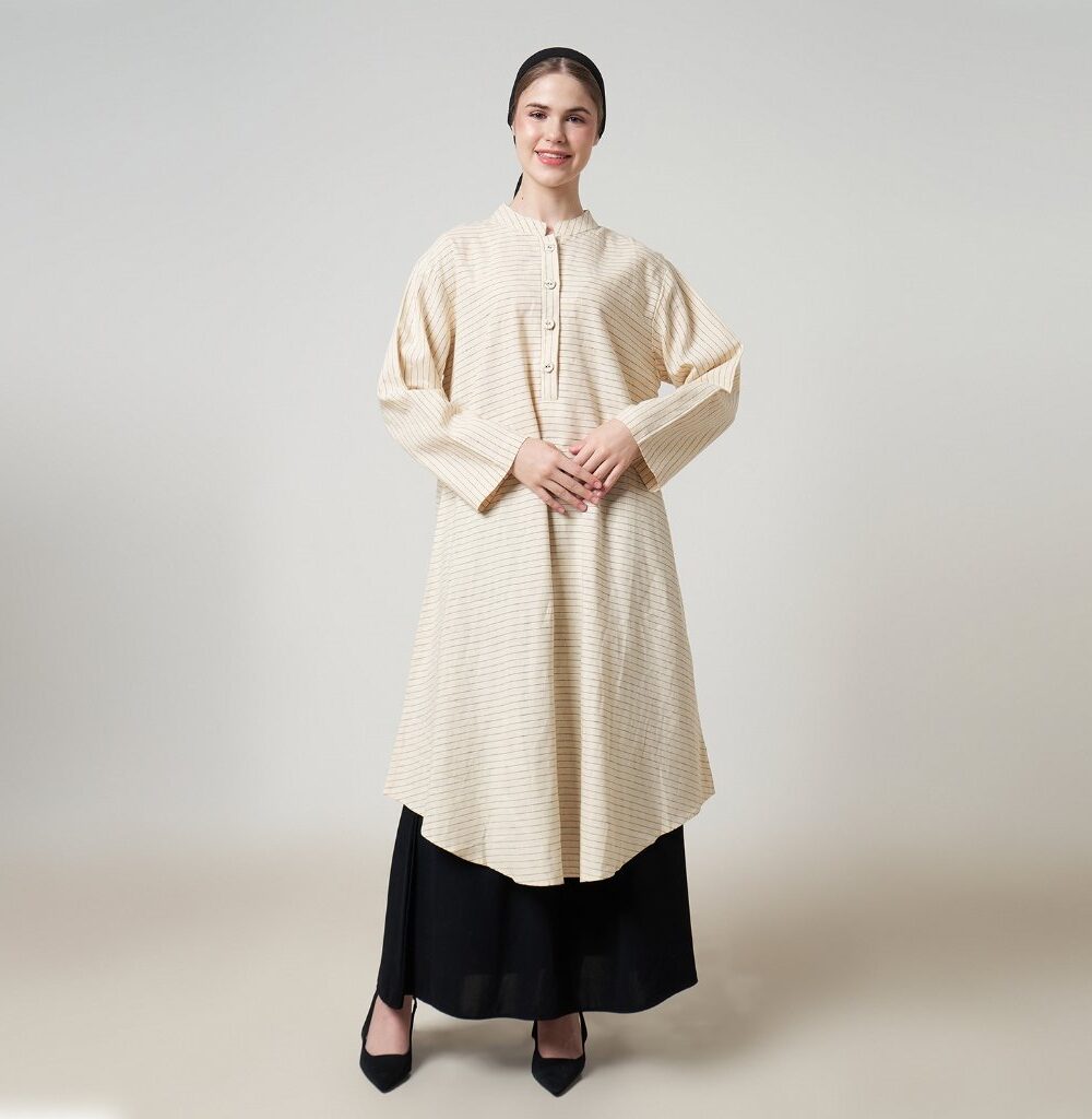 Dhoby Ghout Tunik Panjang Premium Wanita Cream Muslim Modern All Size Kancing Depan - Elena